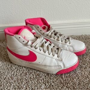 Hot pink and white mid Nike Blazers